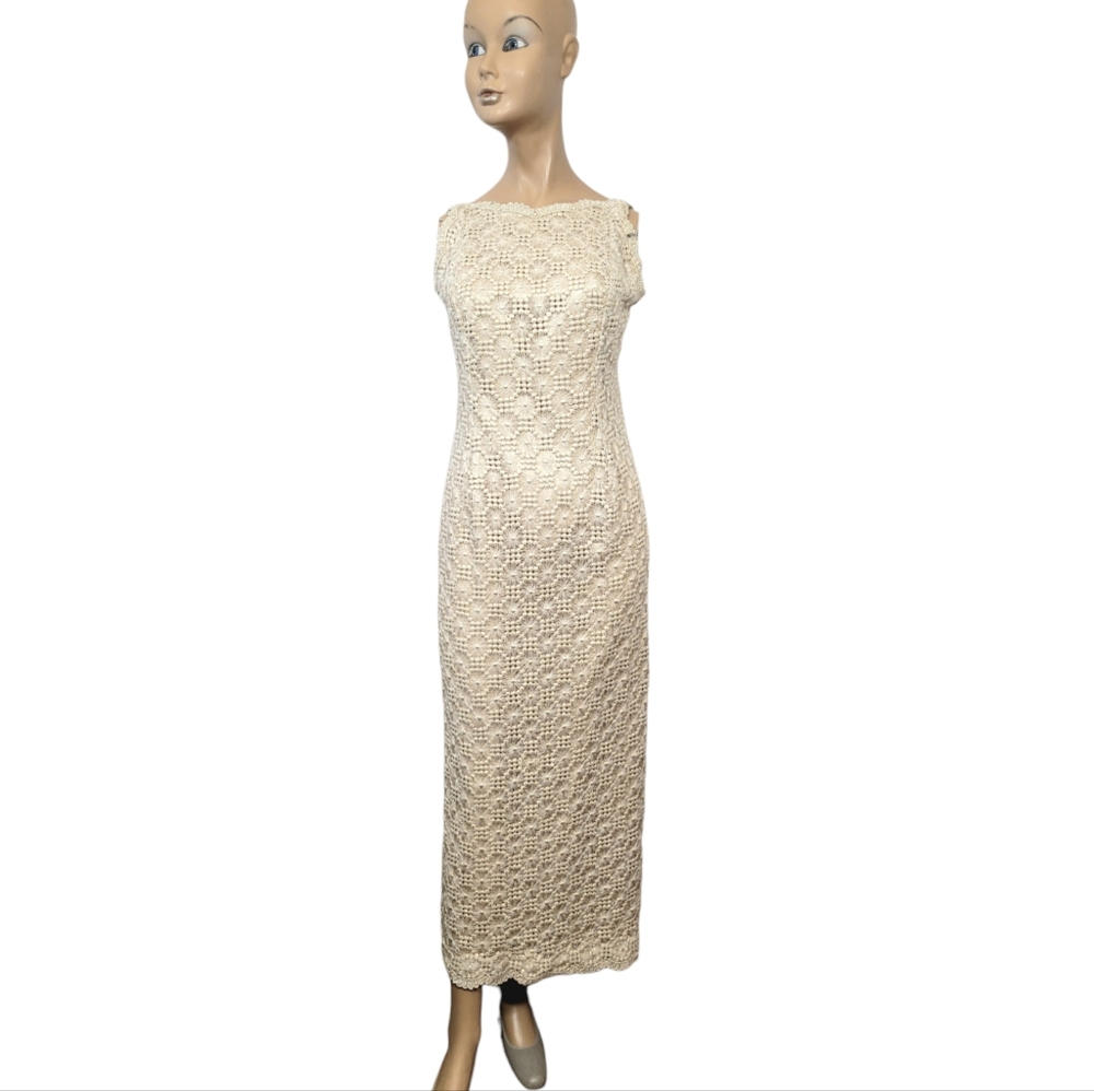Vintage nude gold metallic thread embroidery crochet knit maxi formal dress